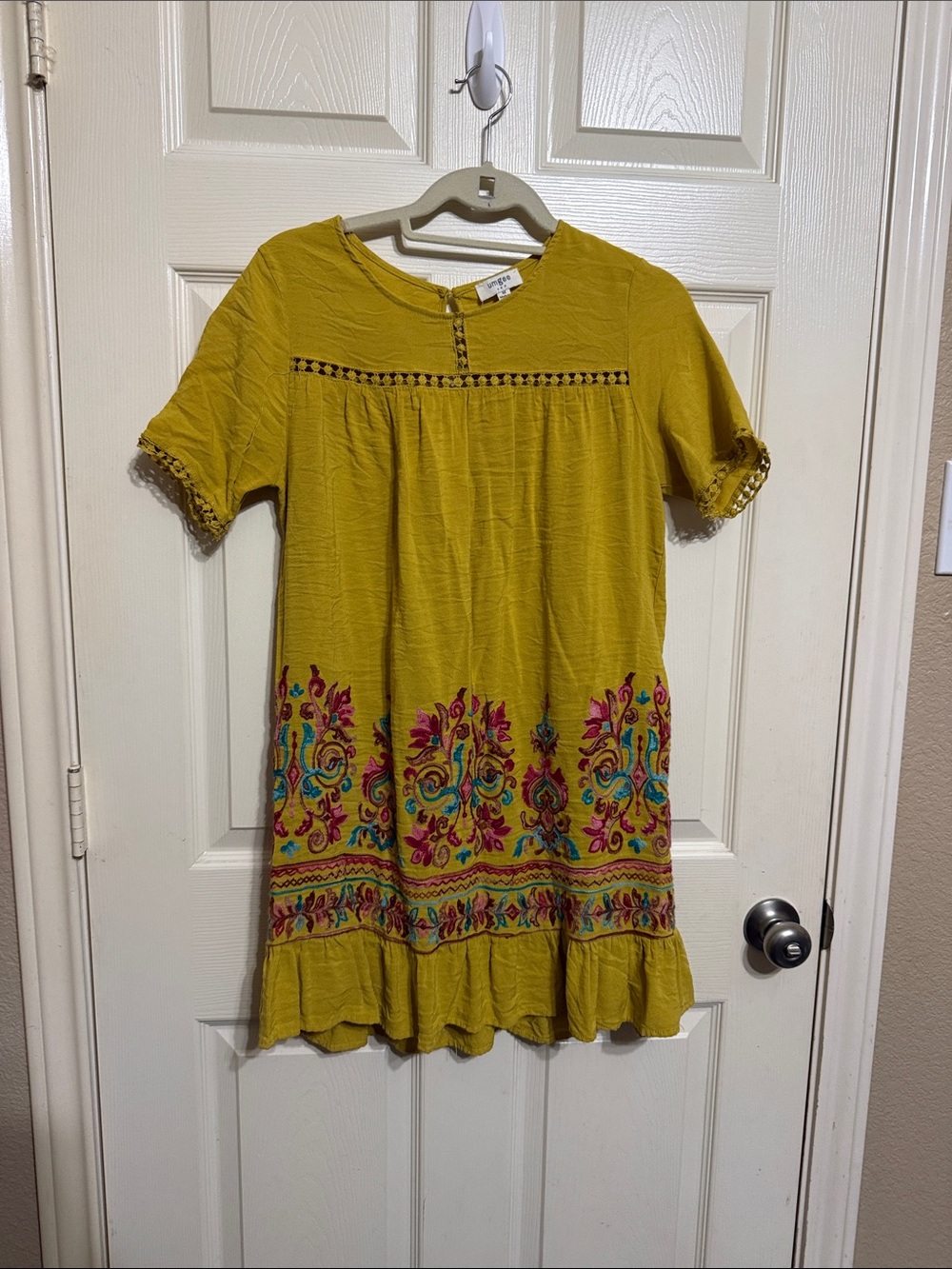 Umgee Mustard Short Sleeve Embroidered Ruffle Dress